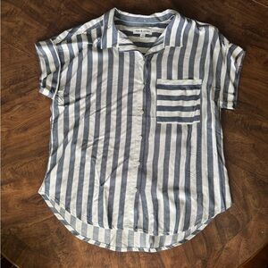 Blue and White Striped Button-Up Short Sleeve Shirt Women’s Small NWOT